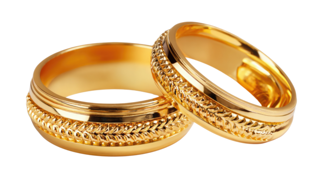 Golden Rings: A pair of exquisite gold wedding rings, symbolizing eternal love and commitment, are elegantly displayed, shimmering with radiant detail. 