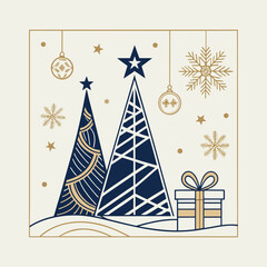 Modern luxury Christmas greeting card vector set in elegant blue and gold color palette, featuring geometric pine trees, shiny ornaments, gift boxes, golden stars, snowflakes, and minimal line art dec