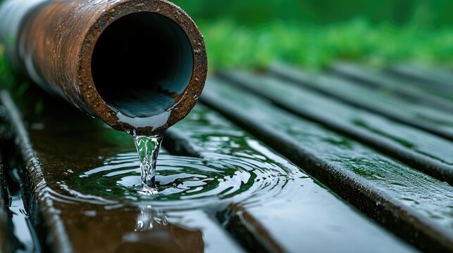 Rainwater flows from a pipe into a puddle creating ripples during a heavy storm on a gloomy day in an urban setting