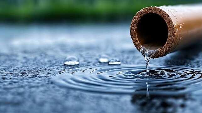Rainwater flowing from pipe into puddle on street during heavy storm showing the beauty of a rainy day