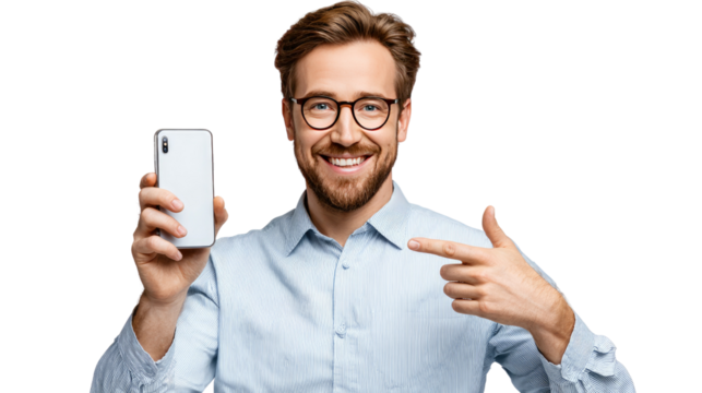Mobile Phone Presentation: A man with glasses holds a phone while pointing at it with a smile, showing its sleek design and user-friendly interface.