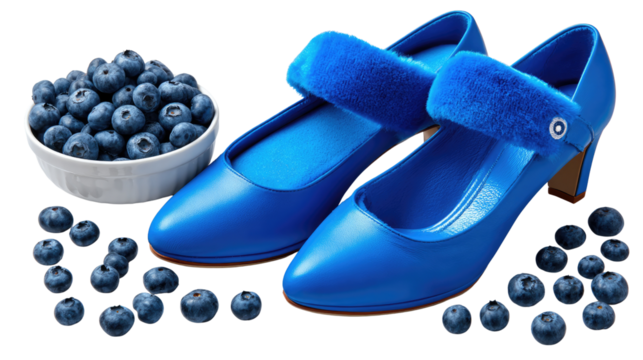 Blueberry-Infused Elegance: A stylish composition showcases vibrant blue heels alongside a generous bowl of juicy blueberries, creating a playful blend of fashion and natural sweetness.