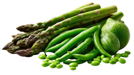 Fresh Greens: Asparagus, green beans, and other assorted greens, freshly harvested. These vibrant vegetables are arranged to celebrate a healthy lifestyle, bringing nature's best to your table.