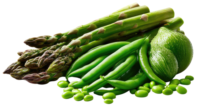 Fresh Greens: Asparagus, green beans, and other assorted greens, freshly harvested. These vibrant vegetables are arranged to celebrate a healthy lifestyle, bringing nature's best to your table.
