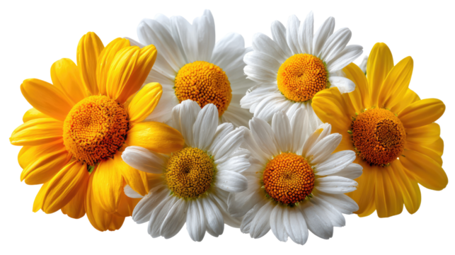 Vibrant Daisies in Full Bloom: A cheerful display of daisies with radiant yellow and pristine white petals, bursting with life and vitality. These colorful blossoms evoke a sense of spring.