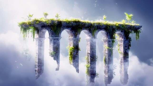 A surreal landscape featuring ancient, moss-covered stone arches and columns suspended in the sky, surrounded by clouds and vegetation.