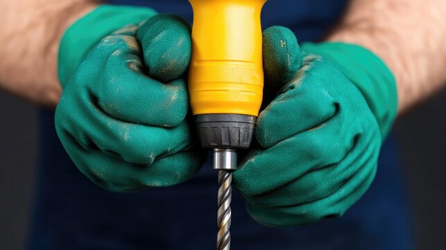 Electric drill in gloved hands ready for action with iron bar set against a dark background suitable for construction or DIY projects