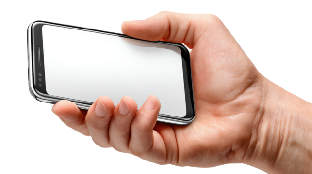 Smartphone in Hand: A detailed image highlights a hand cradling a sleek smartphone with a blank display, symbolizing the endless possibilities of mobile technology and communication.