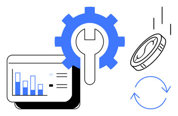 Gear and wrench with bar chart, coin, and loop arrows representing automation, financial growth, data analysis, and system efficiency. Ideal for technology, finance, analytics teamwork system