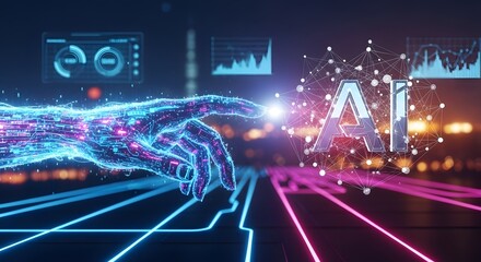 Glowing digital hand interacting with AI interface over cityscape