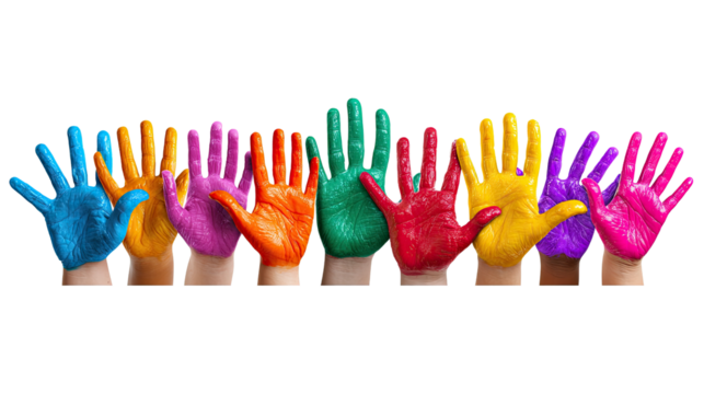 A Spectrum of Unity: A vibrant collection of hands painted in a rainbow of colors, symbolizing unity, diversity, and the power of human connection.
