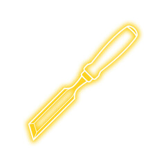 Glowing yellow outline of a chisel tool with a wooden handle, isolated on a white background.