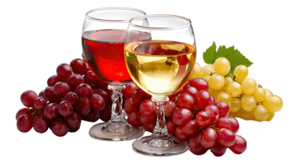 Wine Tasting Bliss: Two elegant wine glasses, one filled with a rich red and the other with a crisp white, are presented alongside fresh, ripe grapes, creating a sensory feast.