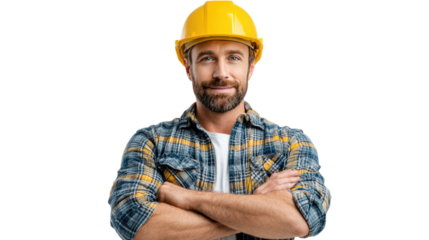 Construction Worker: A focused construction worker with a yellow hard hat stands confidently, ready for work, embodying professionalism and dedication. 