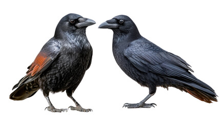 Fototapeta premium Corvus in Affinity: Two sleek black crows stand side by side, their beaks gently touching in a moment of shared connection, set against an understated backdrop.