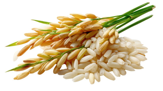Golden Grain's Harvest: A close-up shot presents a vibrant display of golden rice grains and lush green rice plant against a soft background, evoking feelings of growth and abundance.