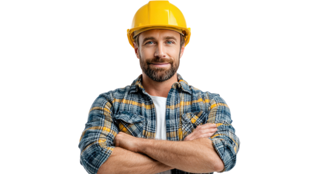 Construction Worker: A focused construction worker with a yellow hard hat stands confidently, ready for work, embodying professionalism and dedication. 