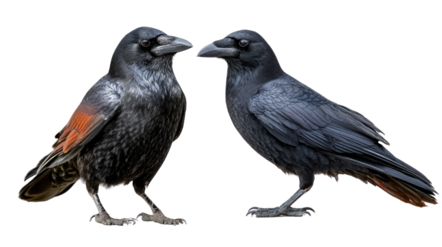 Corvus in Affinity: Two sleek black crows stand side by side, their beaks gently touching in a moment of shared connection, set against an understated backdrop.