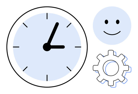 Clock showing time, smiling face, gear symbolizing efficiency, happiness, and productivity. Ideal for time organization, workflow, teamwork, personal growth goal setting innovation simple flat