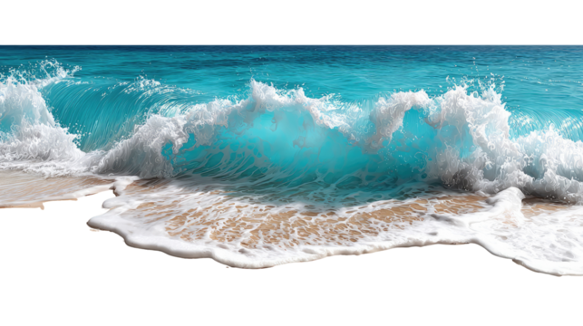 Ocean's Embrace: A vibrant scene captures the raw power of the ocean, where turquoise waves crash against the sandy shore, creating a mesmerizing display of nature's beauty and energy.