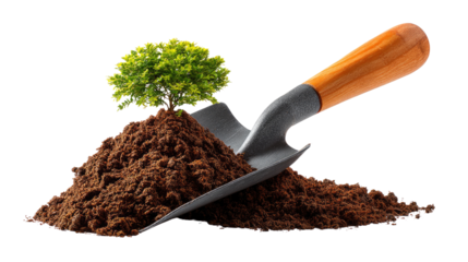 Nurturing Growth: A young tree flourishes amidst a pile of rich soil on a trowel, embodying the essence of growth, nature, and the environment. 