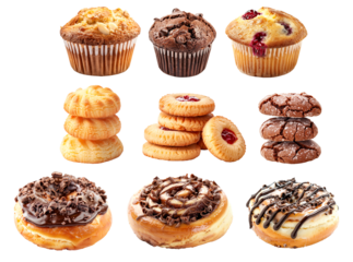 Variety of cupcakes, cookies and cinnamon rolls with cream and fruit toppings isolated on white background. Concept of sweet desserts