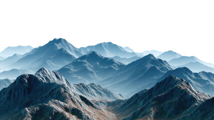 Fototapeta premium Majestic Mountain Vista: A sweeping panorama of towering, rugged mountain peaks fading into the hazy distance under a bright sky, evoking a sense of vastness and adventure.