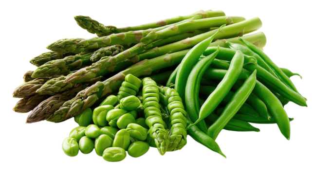 Green Garden Harvest: Fresh asparagus, vibrant green beans, and delicate lima beans come together in a delicious display of nature's bounty, celebrating the wholesome goodness of a garden harvest.