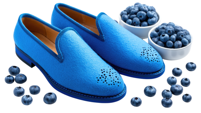 Blue Shoe and Blueberry Bliss: A pair of exquisite blue shoes artfully paired with a cascade of ripe, juicy blueberries, creating a feast for the eyes and a hint of fruity delight. - Powered by Adobe