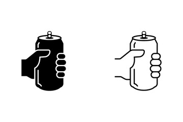 Hand holding soda can icon set vector in thin line and flat style with editable stroke on white background. Dented soda cans. Soda can logo, label, badge, hipster, style, premium, bar brand symbol.