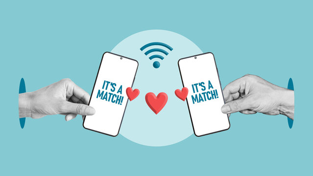 Online Dating Match - Two Smartphones Connecting in Love. Modern Romance via Mobile Phones