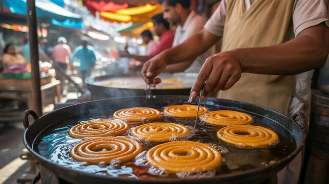 A close-up photograph of traditional orange jalebis being freshly prepared in a bustling Pakistani street food market