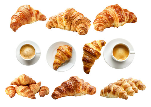 A golden, flaky croissant sits beside a steaming cup of rich coffee isolated on white transparent background.