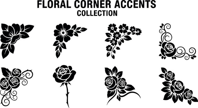 Floral corner accents collection with various decorative flower silhouettes for design embellishments 