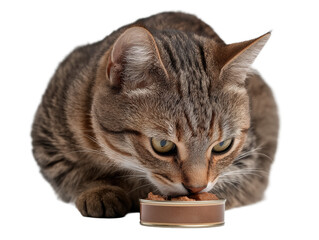 Pet cat isolated, adult cat eating canned cat food, wet cat food, adorable cat close-up portrait, isolated on a transparent background, professional pet photography, pet food advertising concept