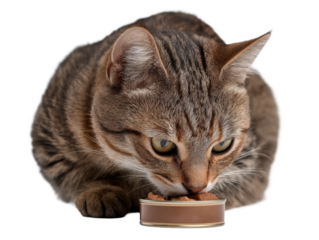 Pet cat isolated, adult cat eating canned cat food, wet cat food, adorable cat close-up portrait, isolated on a transparent background, professional pet photography, pet food advertising concept