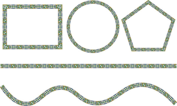 A versatile set of geometric stained glass patterns, frames, and borders for decorative and artistic design applications.