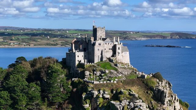Aerial drone footage of St Michael&rsquo;s Mount, Cornwall - capturing the historic castle, tidal causeway, and stunning coastline.