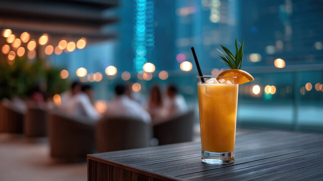 Tropical cocktail with orange slice and pineapple leaf garnish on rooftop bar table, city lights and people in background, evening ambiance