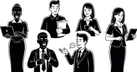 Diverse business people using digital devices and communicating in office vector illustration 