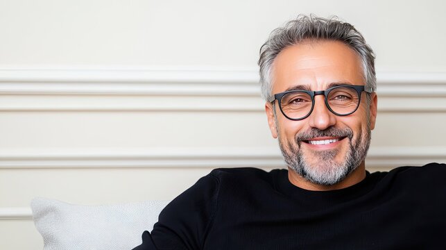 Happy middle-aged man enjoying relaxing time at home, smiling on a sofa in a cozy living room with ample copy space for text