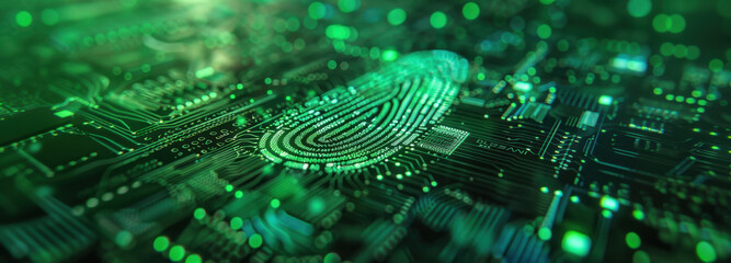Biometric Security: An intricate digital fingerprint overlaying a high-tech circuit board, representing the fusion of identity and technology.