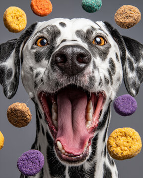 Naklejki Funny dalmatian dog with colorful cookies on grey background