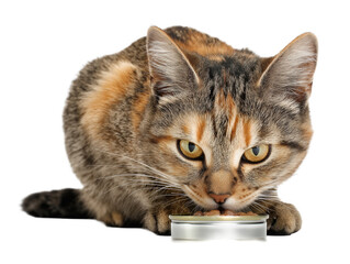 Pet cat isolated, adult cat eating canned cat food, wet cat food, adorable cat close-up portrait, isolated on a transparent background, professional pet photography, pet food advertising concept