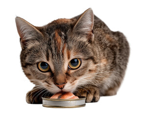 Pet cat isolated, adult cat eating canned cat food, wet cat food, adorable cat close-up portrait, isolated on a transparent background, professional pet photography, pet food advertising concept