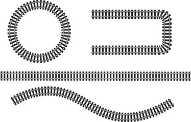 A comprehensive set of straight, curved, and circular railroad track segments, ideal for creating transportation-themed graphics and layouts.