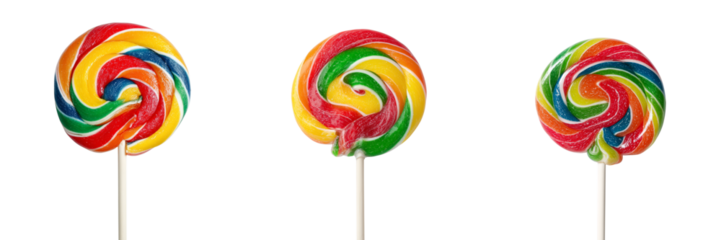 Set of Colorful spiral lollipop isolated on bright white, strong color saturation, crisp professional lighting, candy object photography on transparent png background. Ai generated