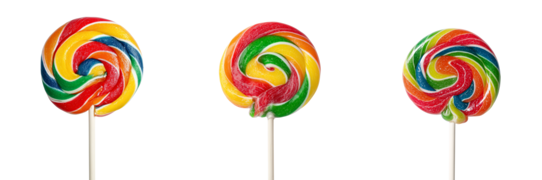 Set of Colorful spiral lollipop isolated on bright white, strong color saturation, crisp professional lighting, candy object photography on transparent png background. Ai generated - Powered by Adobe