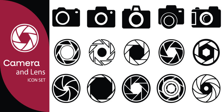 A modern camera and lens icon set featuring flat vector designs of cameras, shutters, and aperture symbols. Perfect for photography branding, web design, app UI, or logo creation. Includes simple and 