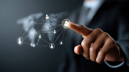 Businessman hand touching digital network interface, connecting people icons, global communication concept
